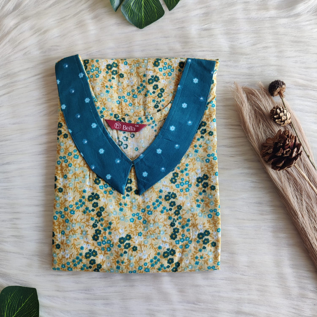 Teal Blue And Yellow Printed Premium Cotton Peter Pan Collar Nighty | Free Size | Chest Width 44″| Length 55″-56″