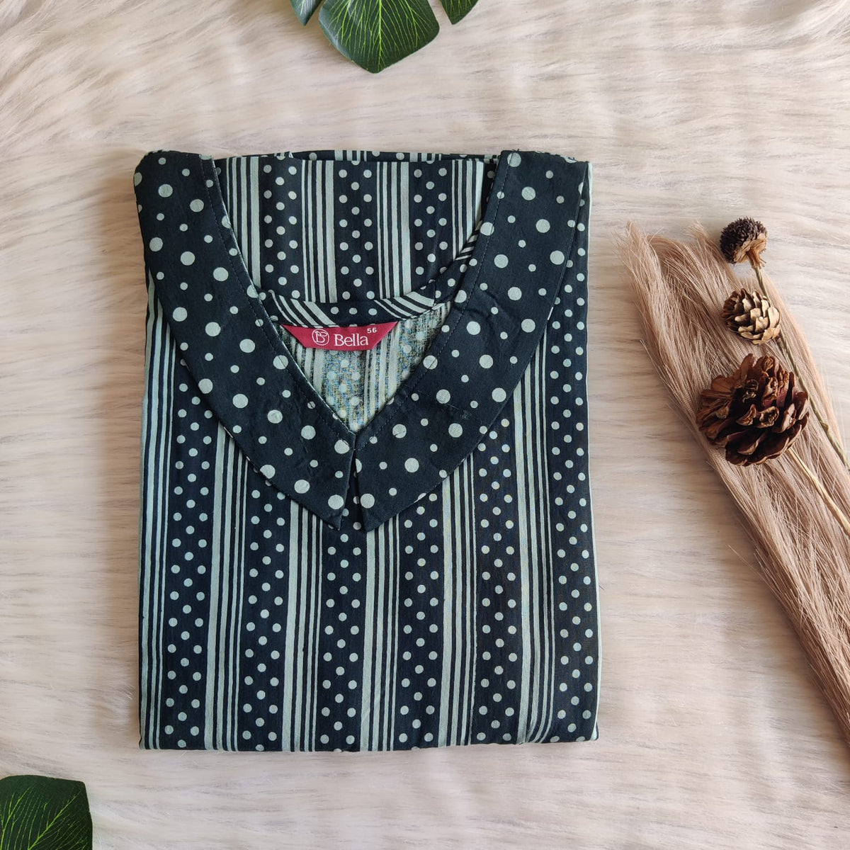 Dark And Pale Green Stripes Printed Premium Cotton Peter Pan Collar Nighty | Free Size | Chest Width 44″| Length 55″-56″