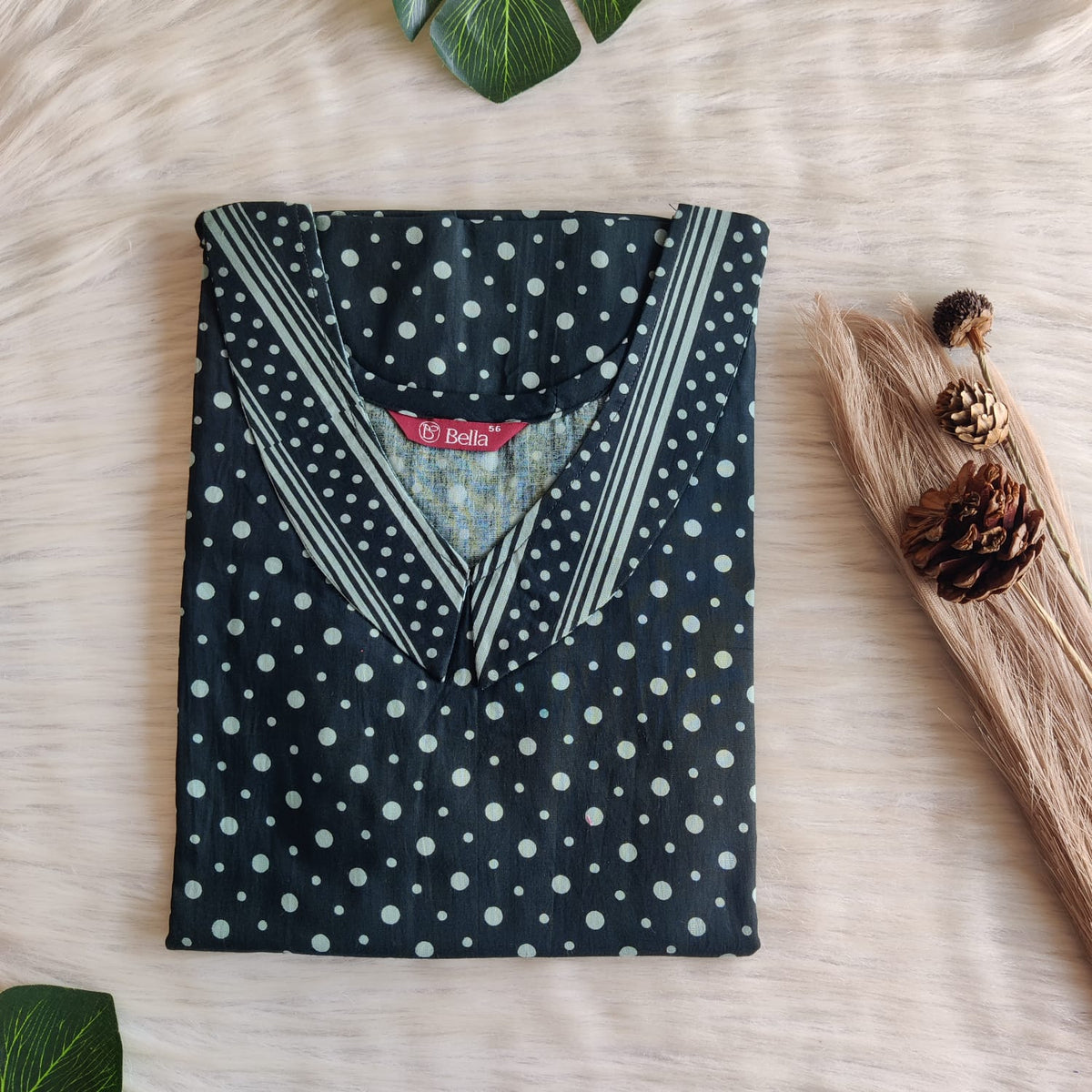 Pale And Dark Green Dot Printed Premium Cotton Peter Pan Collar Nighty | Free Size | Chest Width 44″| Length 55″-56″