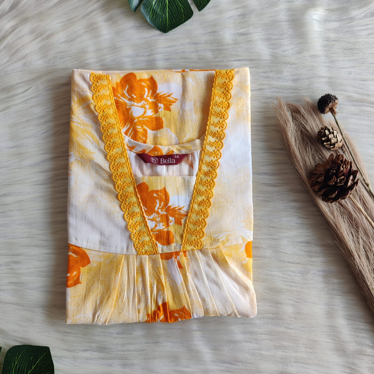 Orange Floral Printed Premium Cotton V-Neck Lace Pleated Nighty | No Zip | Free Size | Chest Width 44″| Length 56″