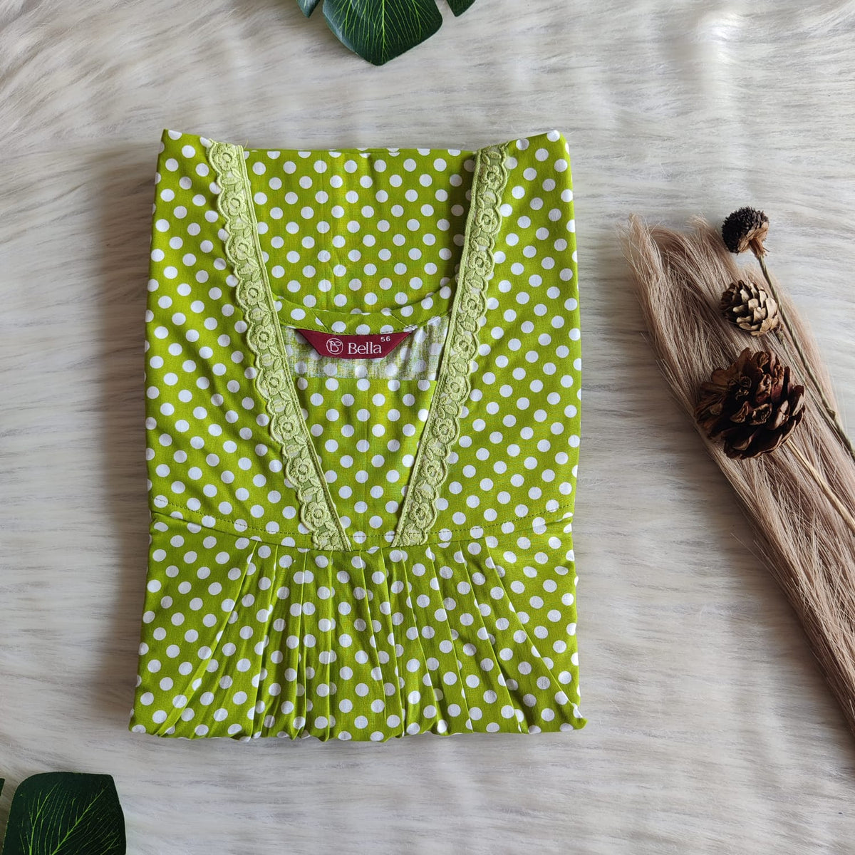 Pista Green Dot Printed Premium Cotton V-Neck Lace Pleated Nighty | No Zip | Free Size | Chest Width 44″| Length 56″