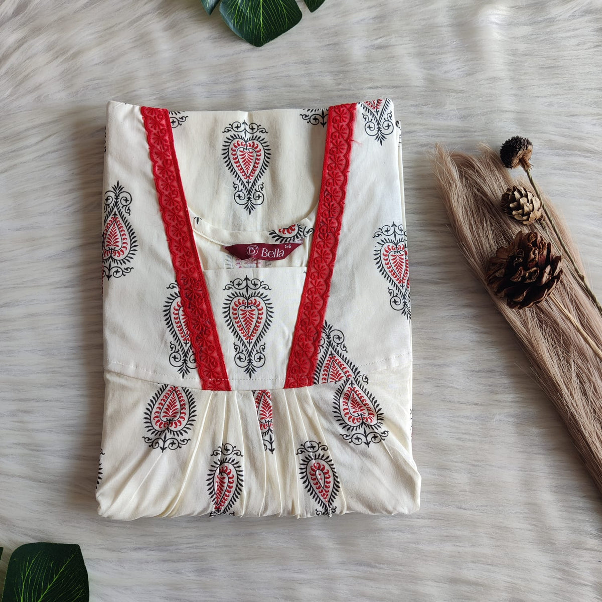 Ivory Printed Premium Cotton V-Neck Lace Pleated Nighty | No Zip | Free Size | Chest Width 44″| Length 56″