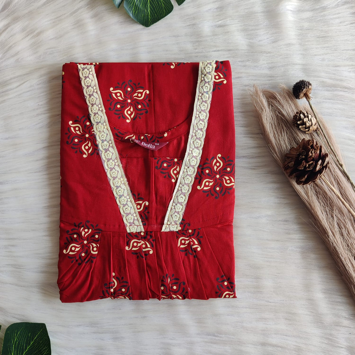Red Printed Premium Cotton V-Neck Lace Pleated Nighty | No Zip | Free Size | Chest Width 44″| Length 56″