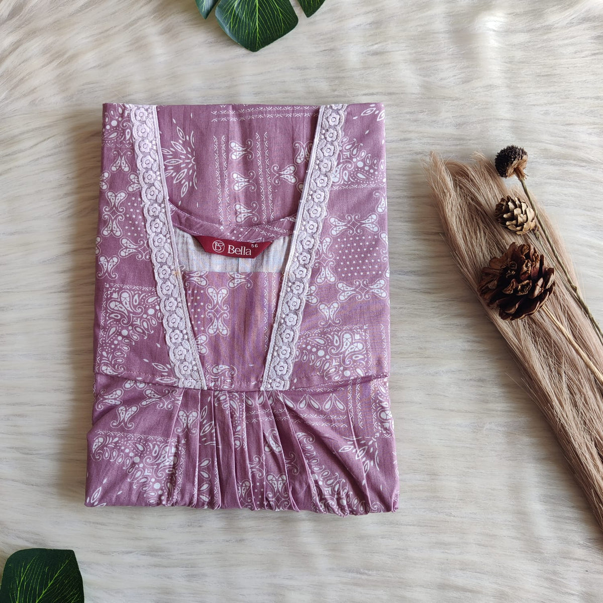 Mauve Printed Premium Cotton V-Neck Lace Pleated Nighty | No Zip | Free Size | Chest Width 44″| Length 56″