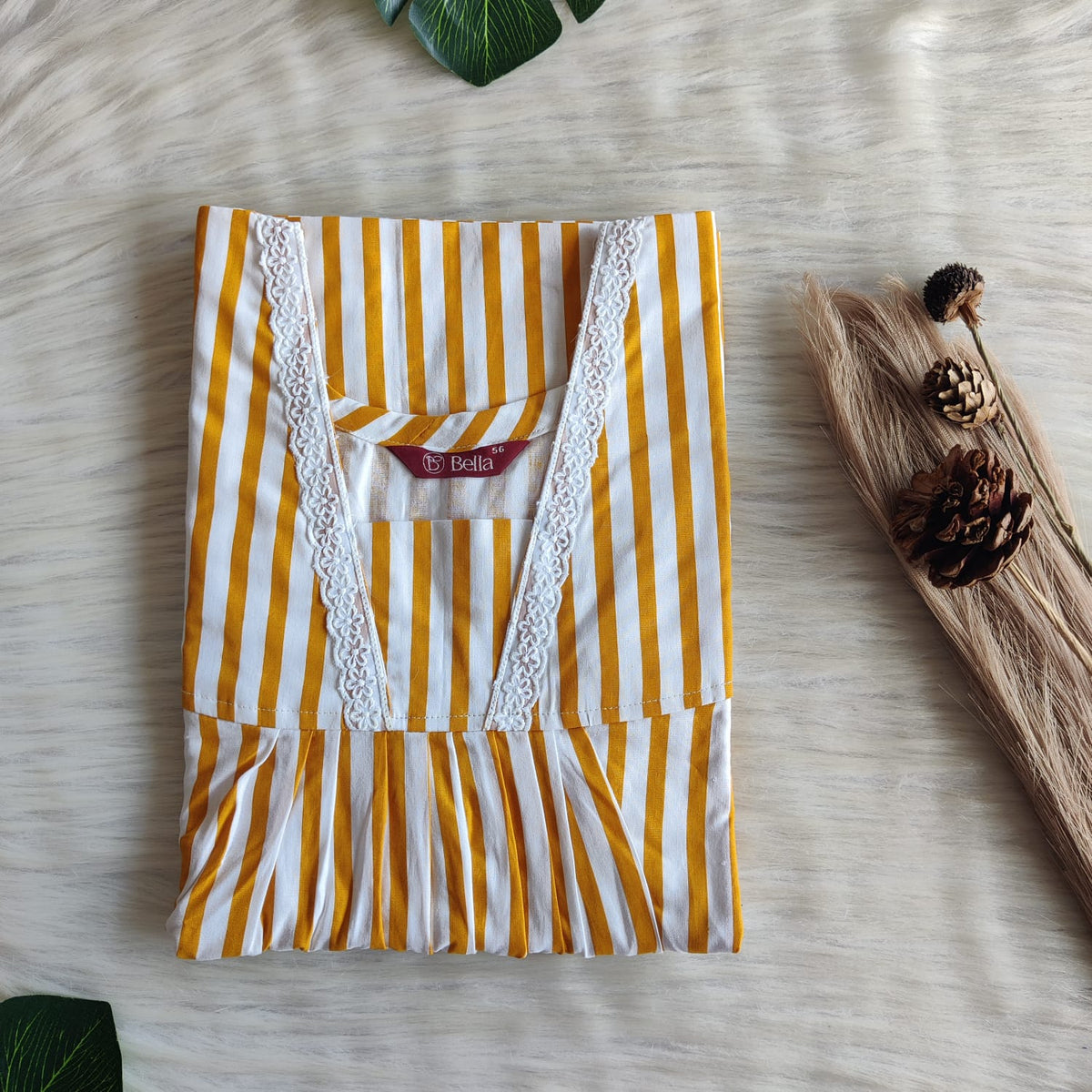 Mustard Yellow And White Stripes Printed Premium Cotton V-Neck Lace Pleated Nighty | No Zip | Free Size | Chest Width 44″| Length 56″
