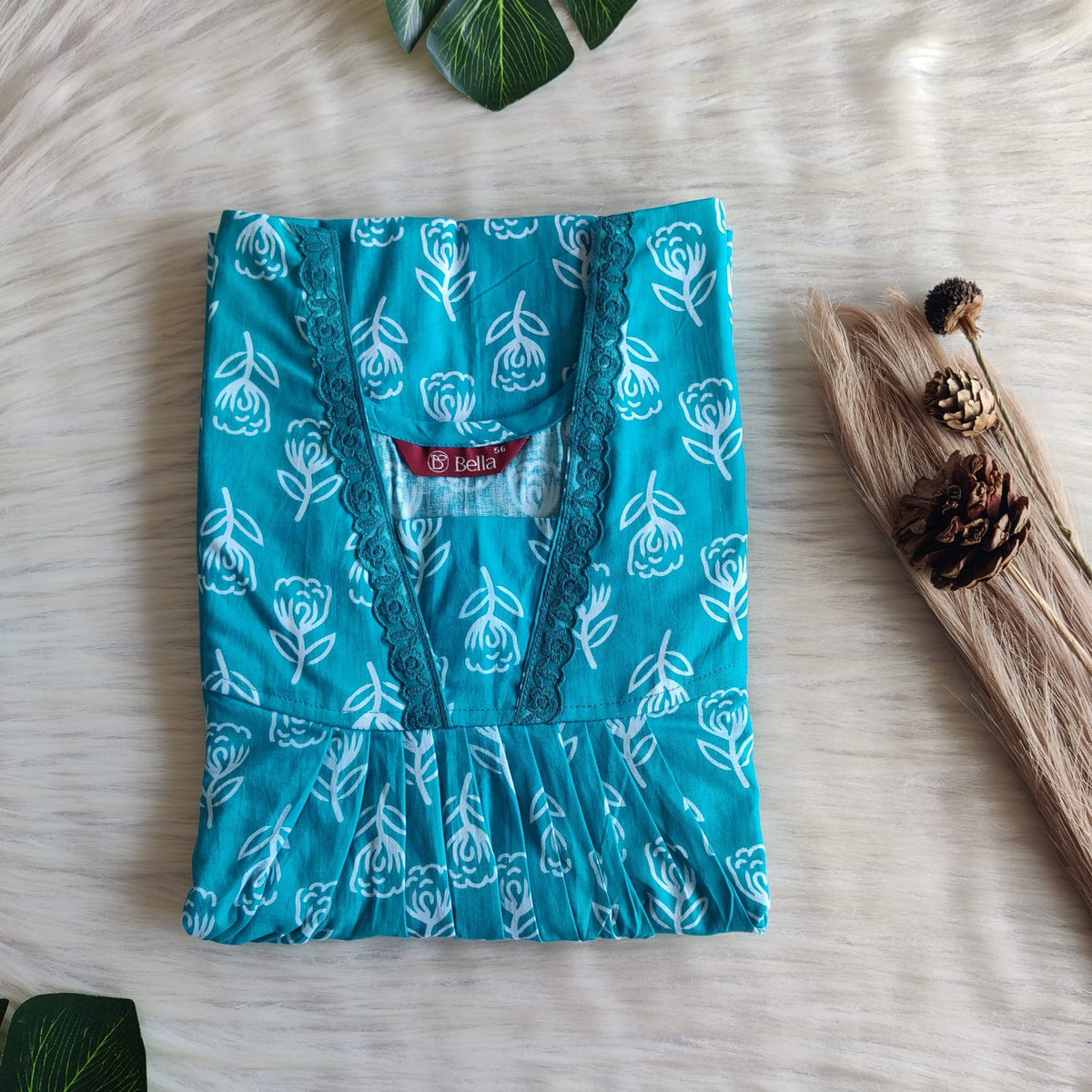 Blue Floral Printed Premium Cotton V-Neck Lace Pleated Nighty | No Zip | Free Size | Chest Width 44″| Length 56″