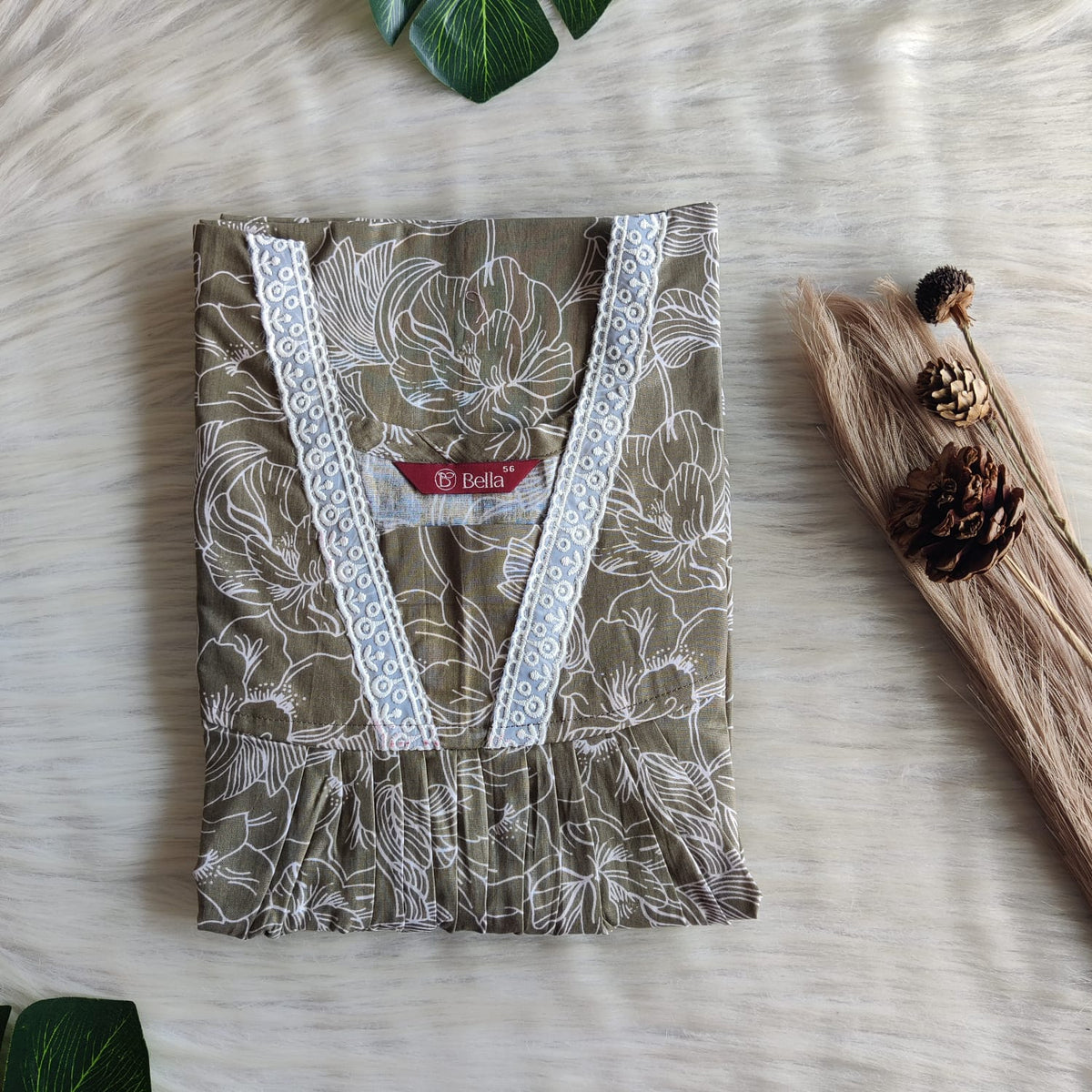 Grey Floral Printed Premium Cotton V-Neck Lace Pleated Nighty | No Zip | Free Size | Chest Width 44″| Length 56″