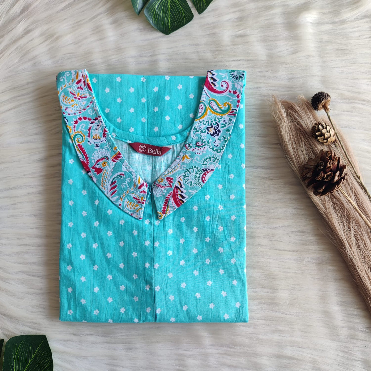 Pink And Blue Printed Premium Cotton Peter Pan Collar Long Zip Feeding Nighty | Free Size | Chest Width 44″| Length 56″
