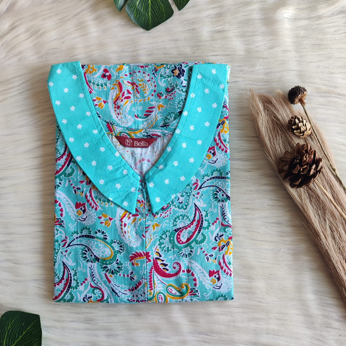 Blue And Pink Printed Premium Cotton Peter Pan Collar Long Zip Feeding Nighty | Free Size | Chest Width 44″| Length 56″