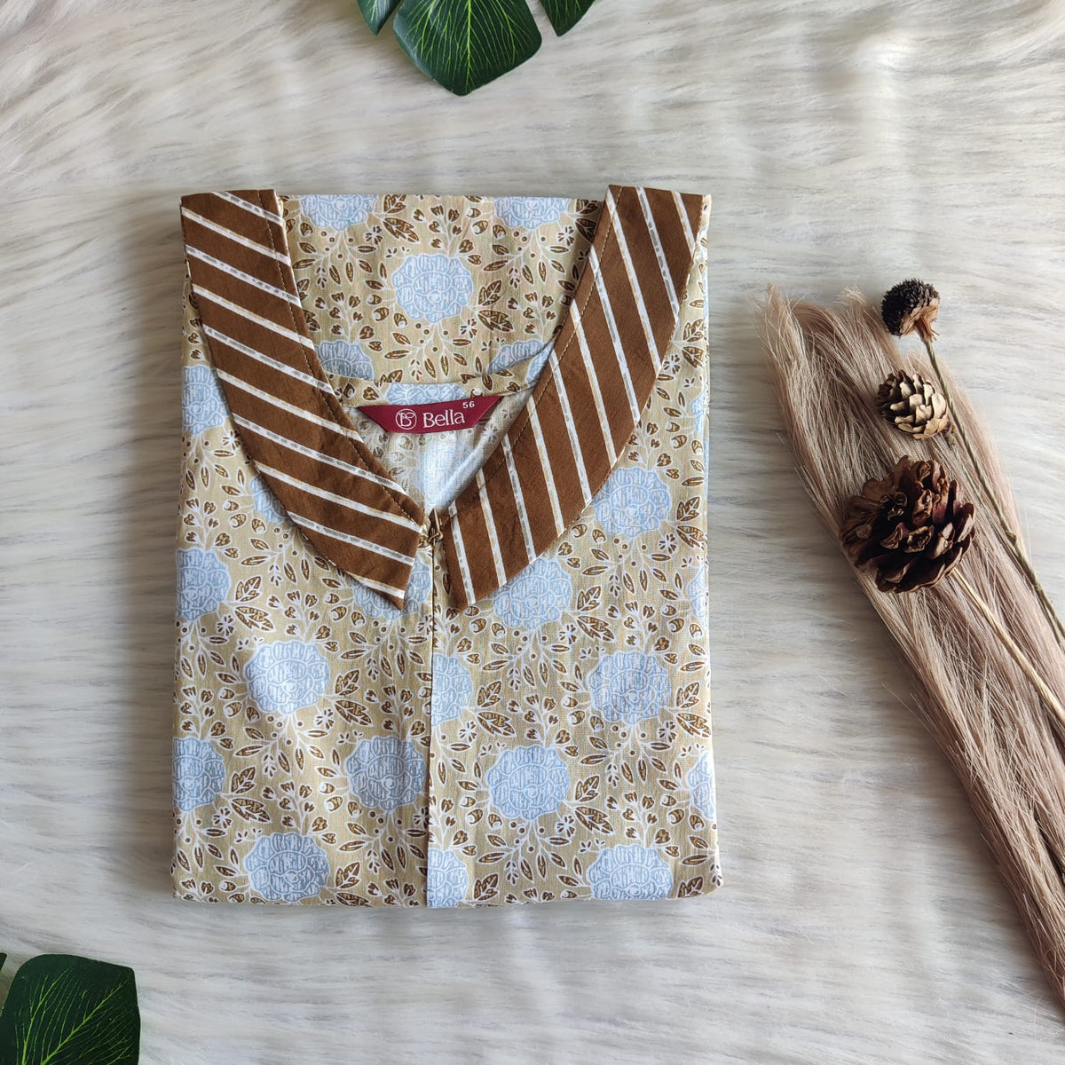 Brown And Grey Floral Printed Premium Cotton Peter Pan Collar Long Zip Feeding Nighty | Free Size | Chest Width 44″| Length 56″