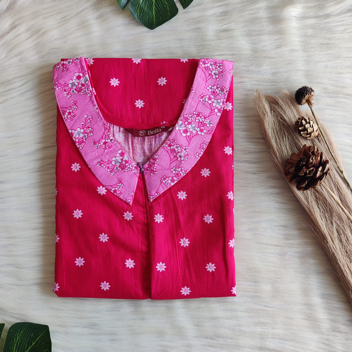 Pale And Dark Pink Printed Premium Cotton Peter Pan Collar Long Zip Feeding Nighty | Free Size | Chest Width 44″| Length 56″