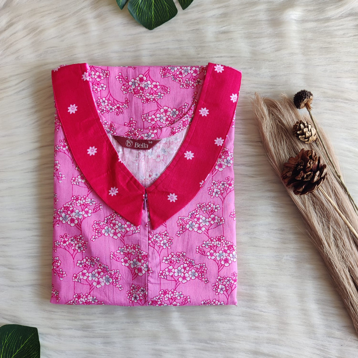 Dark And Pale Pink Printed Premium Cotton Peter Pan Collar Long Zip Feeding Nighty | Free Size | Chest Width 44″| Length 56″