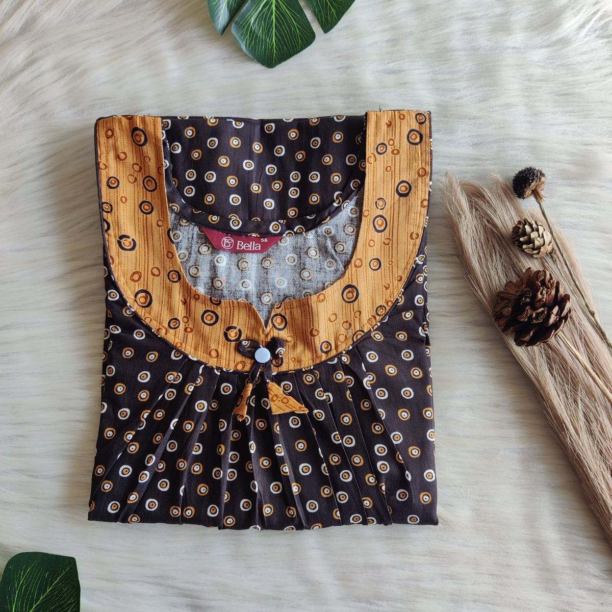 Pale And Dark Brown Dot Printed Premium Cotton No Zip Pleated Nighty | Free Size | Chest Width 44″| Length 55″-56″