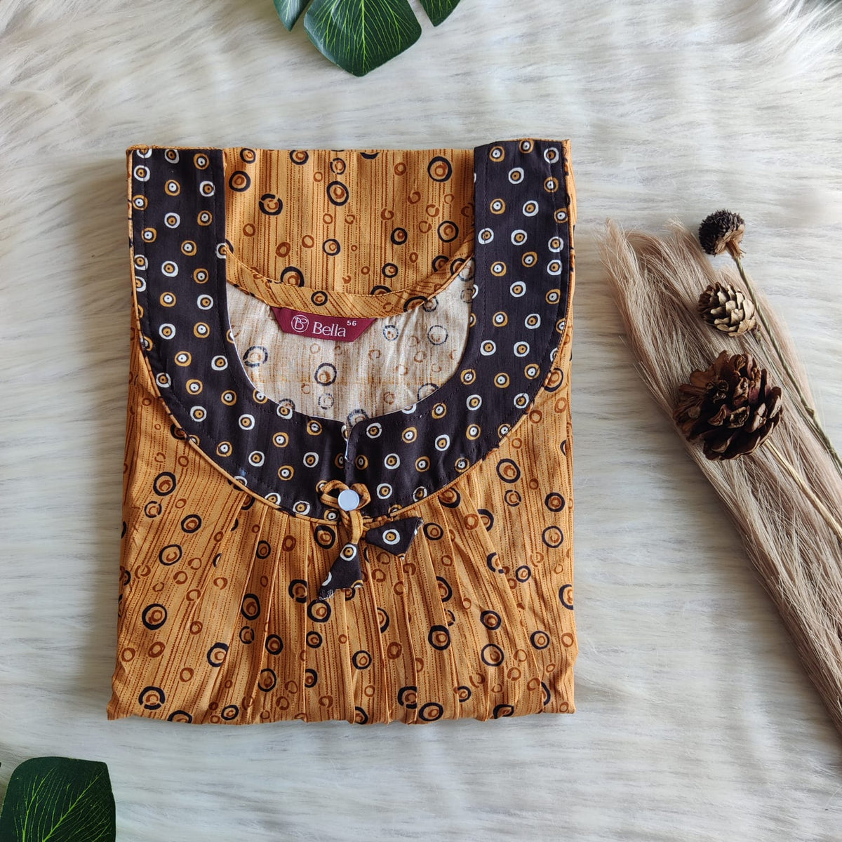 Dark And Pale Brown Printed Premium Cotton No Zip Pleated Nighty | Free Size | Chest Width 44″| Length 55″-56″