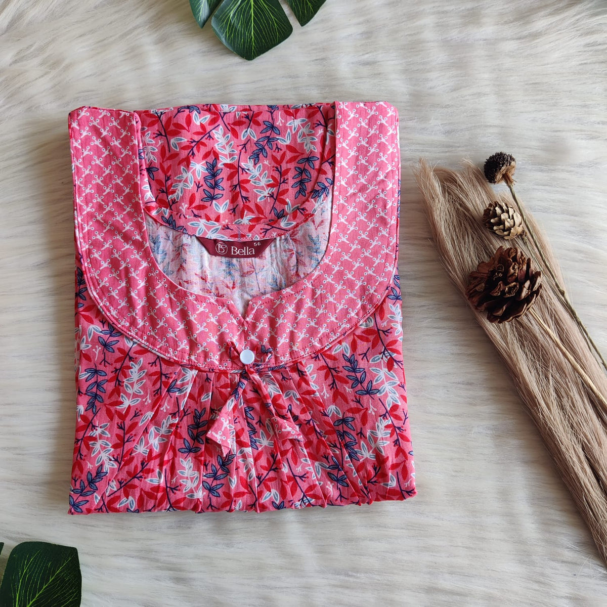 Peach And Blue Leaf Printed Premium Cotton No Zip Pleated Nighty | Free Size | Chest Width 44″| Length 55″-56″