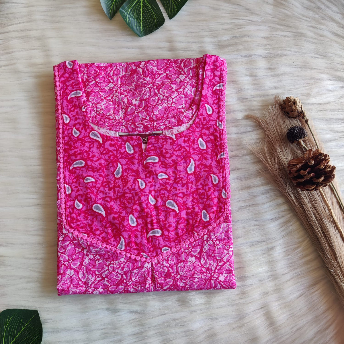Grey And Pink Printed Premium Cotton Mix N Match 3/4 Sleeve Lace Pocket Nighty | Free Size | Chest Width 44″| Length 56″