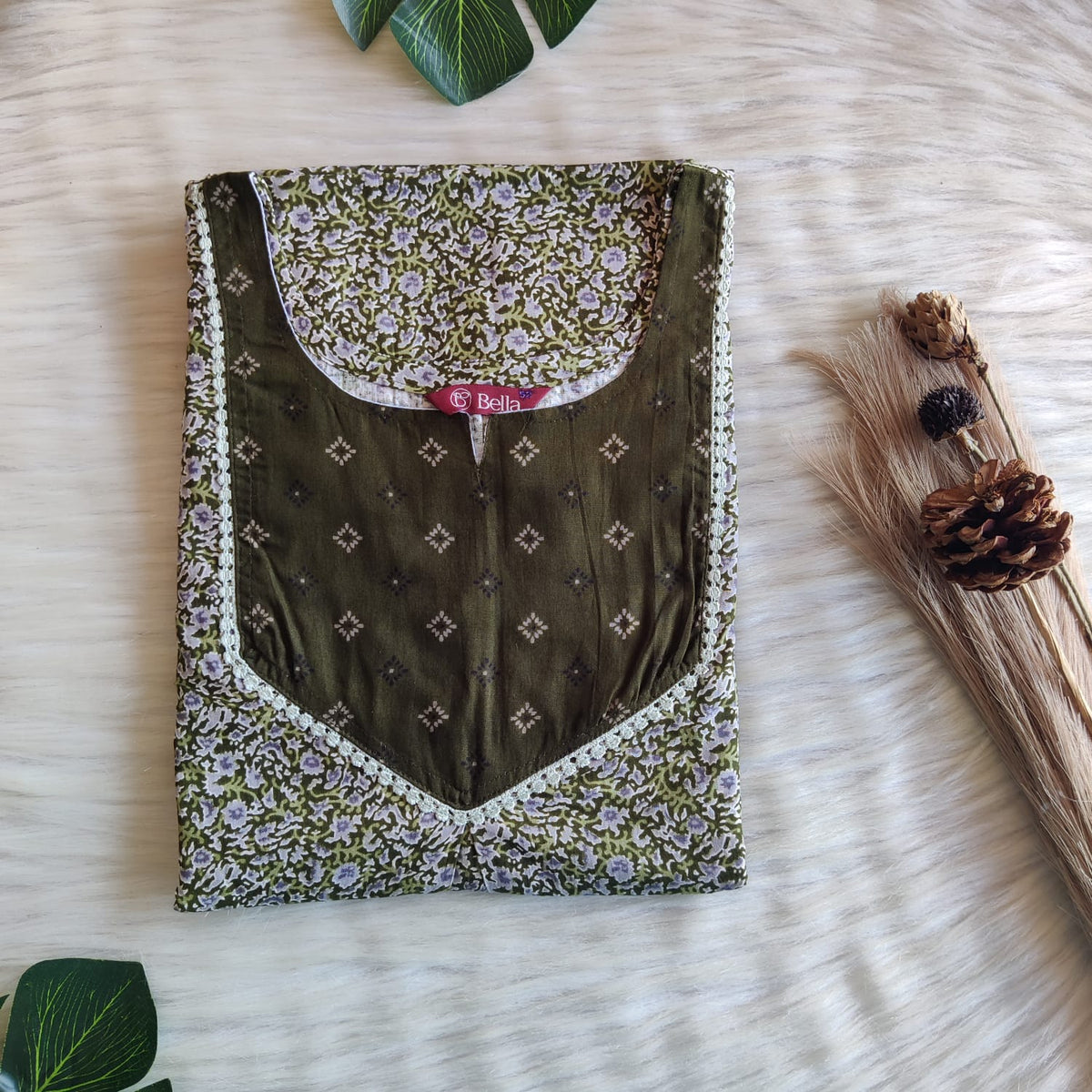 Green And Grey Printed Premium Cotton Mix N Match 3/4 Sleeve Lace Pocket Nighty | Free Size | Chest Width 44″| Length 56″
