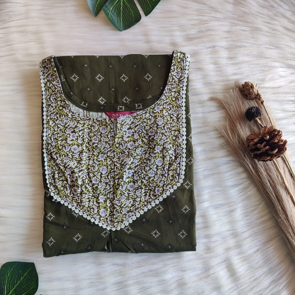 Grey And Green Printed Premium Cotton Mix N Match 3/4 Sleeve Lace Pocket Nighty | Free Size | Chest Width 44″| Length 56″