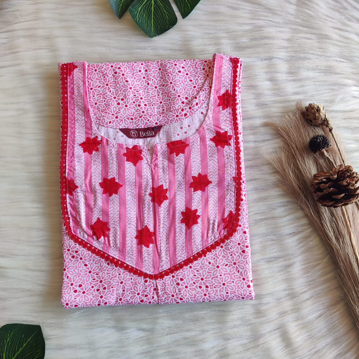 Red And Pink Printed Premium Cotton Mix N Match 3/4 Sleeve Lace Pocket Nighty | Free Size | Chest Width 44″| Length 56″