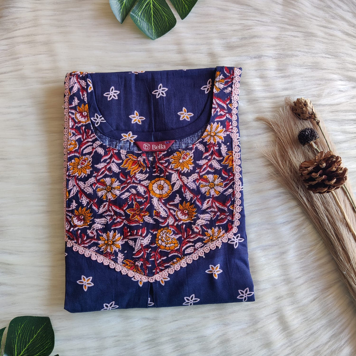 Yellow And Navy Blue Printed Premium Cotton Mix N Match 3/4 Sleeve Lace Pocket Nighty | Free Size | Chest Width 44″| Length 56″