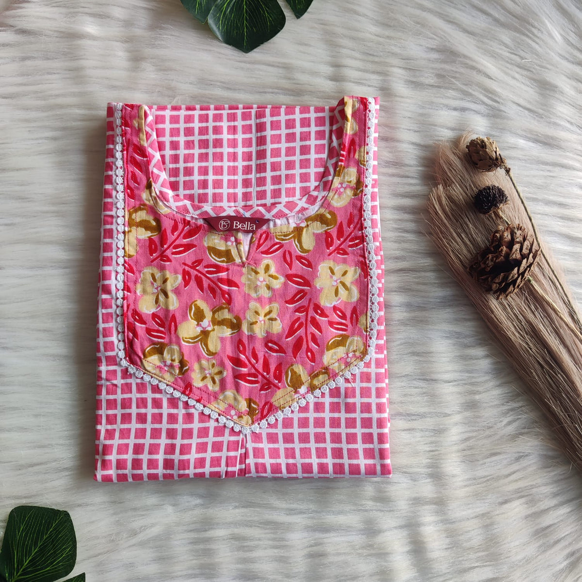 Yellow And Pink Check Printed Premium Cotton Mix N Match 3/4 Sleeve Lace Pocket Nighty | Free Size | Chest Width 44″| Length 56″