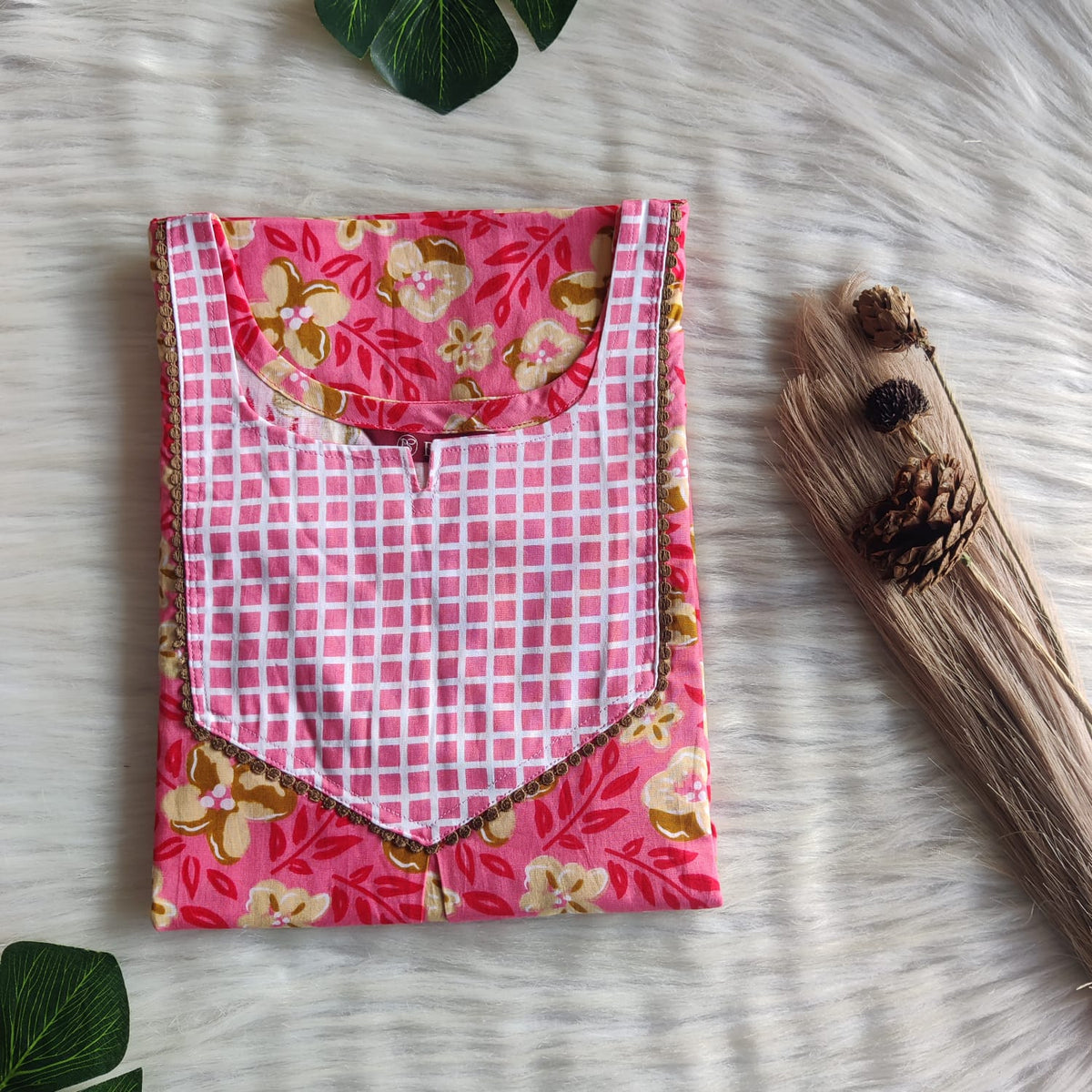 Pink And Yellow Printed Premium Cotton Mix N Match 3/4 Sleeve Lace Pocket Nighty | Free Size | Chest Width 44″| Length 56″