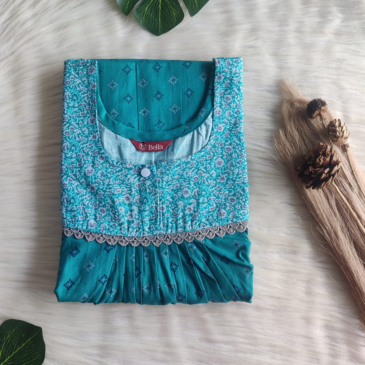 Grey And Teal Green Printed Premium Cotton 3/4 Sleeve Lace Nighty | Free Size | Chest Width 44″| Length 54″-56″