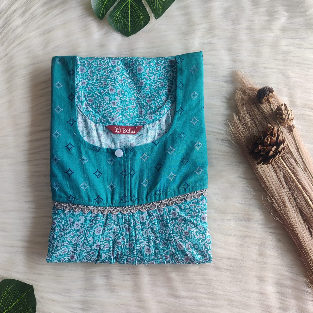 Teal Green And Grey Printed Premium Cotton 3/4 Sleeve Lace Nighty | Free Size | Chest Width 44″| Length 54″-56″