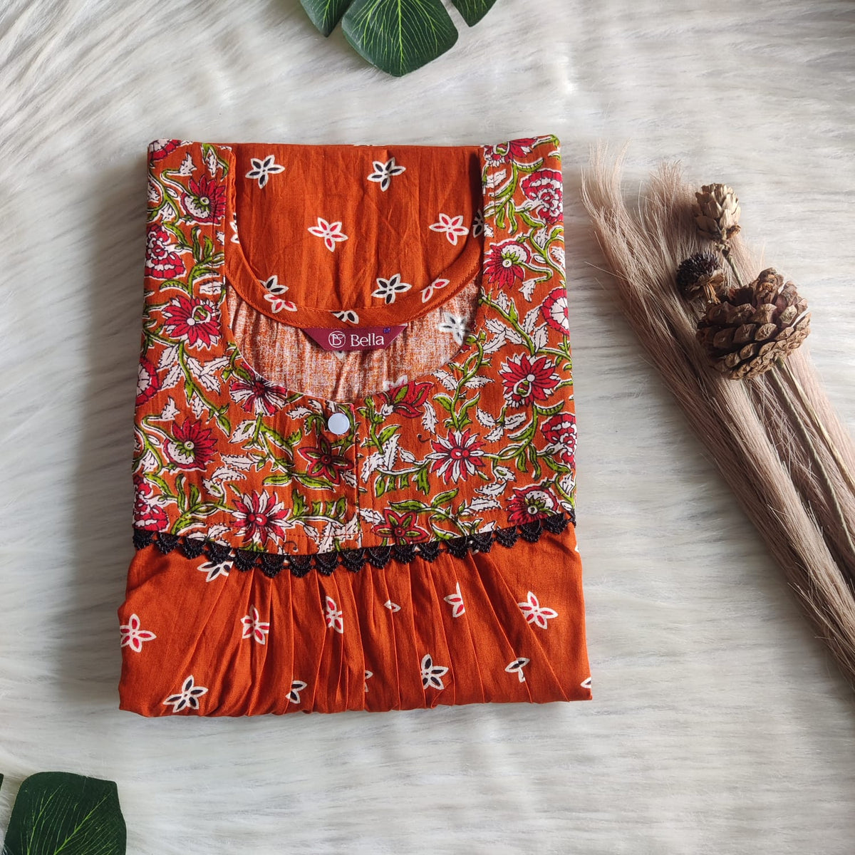Green And Rust Orange Printed Premium Cotton 3/4 Sleeve Lace Nighty | Free Size | Chest Width 44″| Length 54″-56″