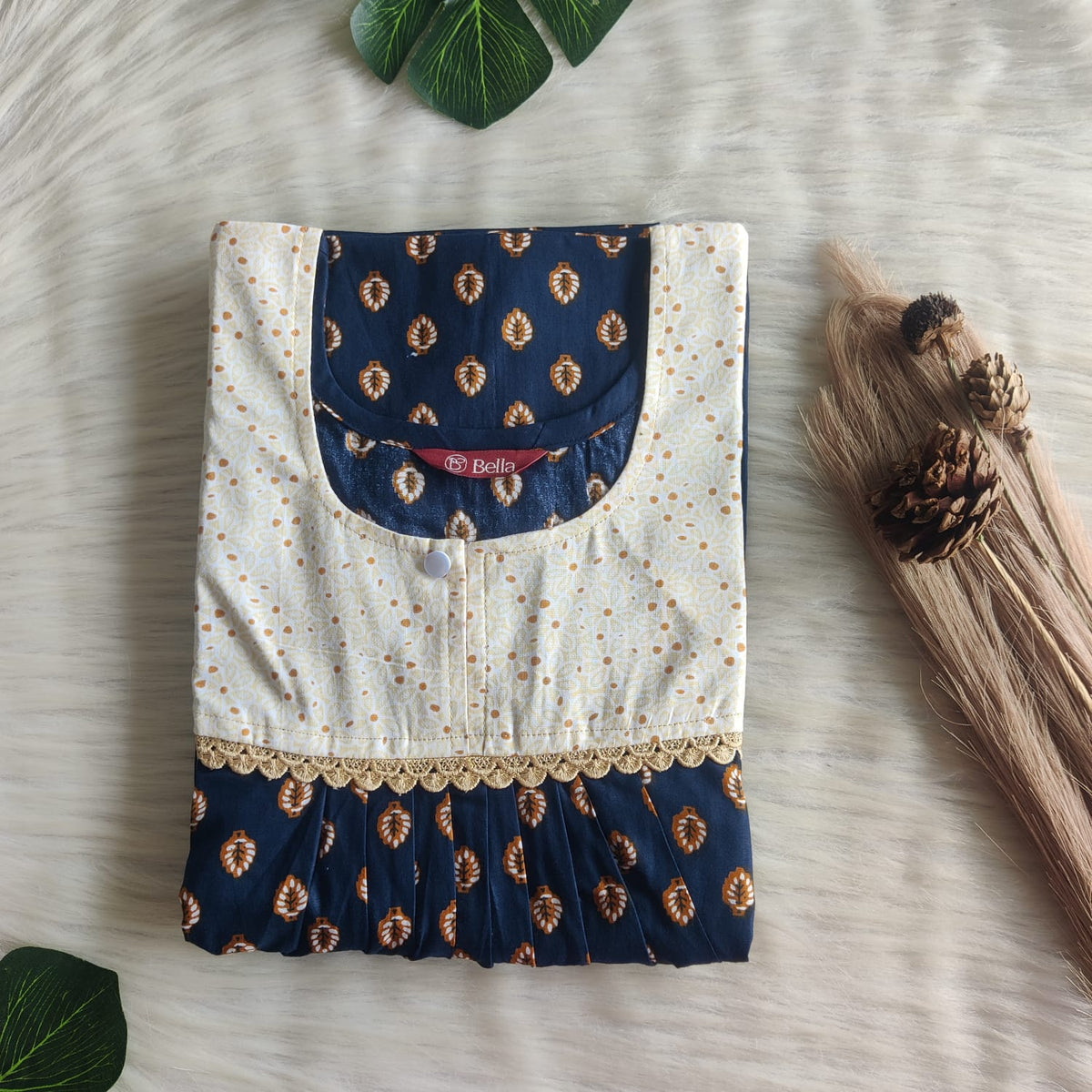 Yellow And Navy Blue Printed Premium Cotton 3/4 Sleeve Lace Nighty | Free Size | Chest Width 44″| Length 54″-56″
