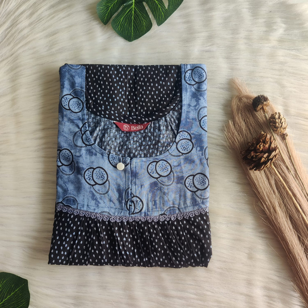 Pale And Dark Blue Printed Premium Cotton 3/4 Sleeve Lace Nighty | Free Size | Chest Width 44″| Length 54″-56″
