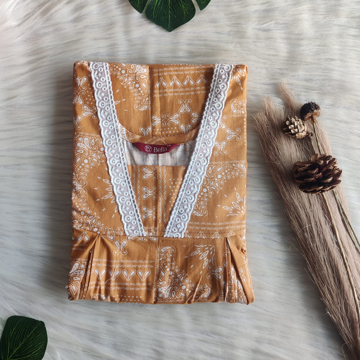 Pastel Brown Printed Premium Cotton Two Side Vertical Lace Zip Feeding Nighty | Free Size | Chest Width 44″| Length 56″
