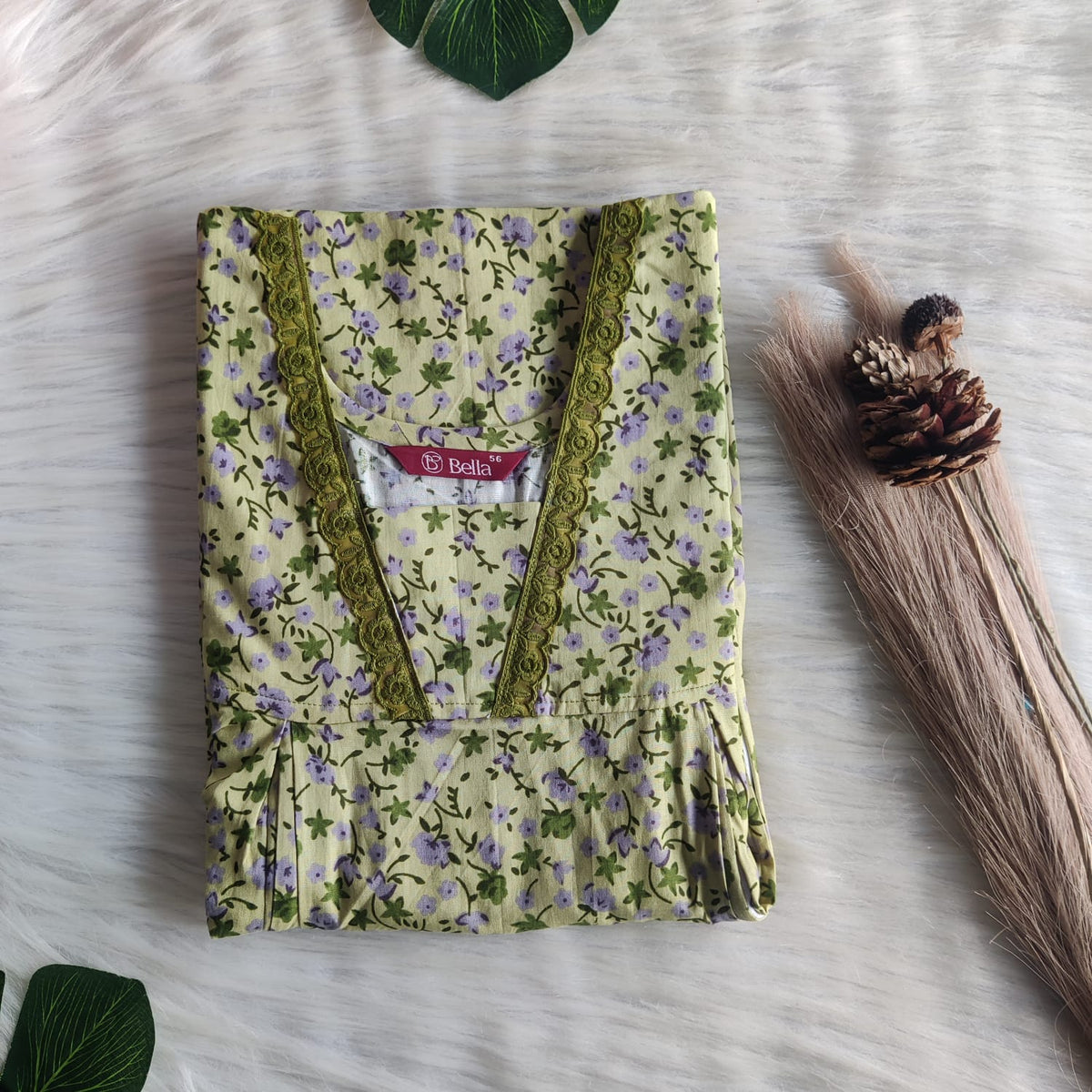 Green Floral Printed Premium Cotton Two Side Vertical Lace Zip Feeding Nighty | Free Size | Chest Width 44″| Length 56″