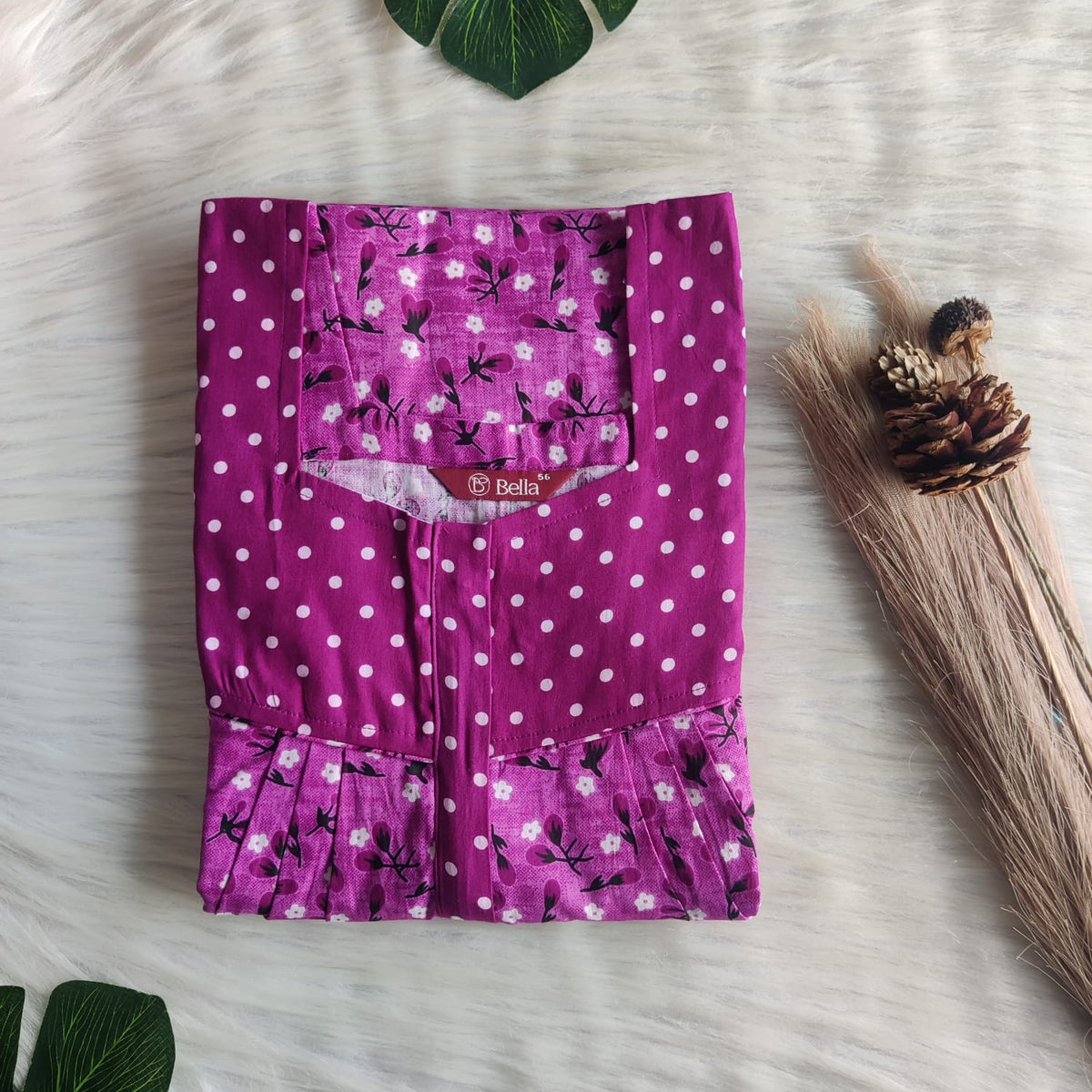 White And Pink Floral Printed Premium Cotton Square Neck Pleated Nighty | Free Size | Chest Width 44″| Length 55″-56″
