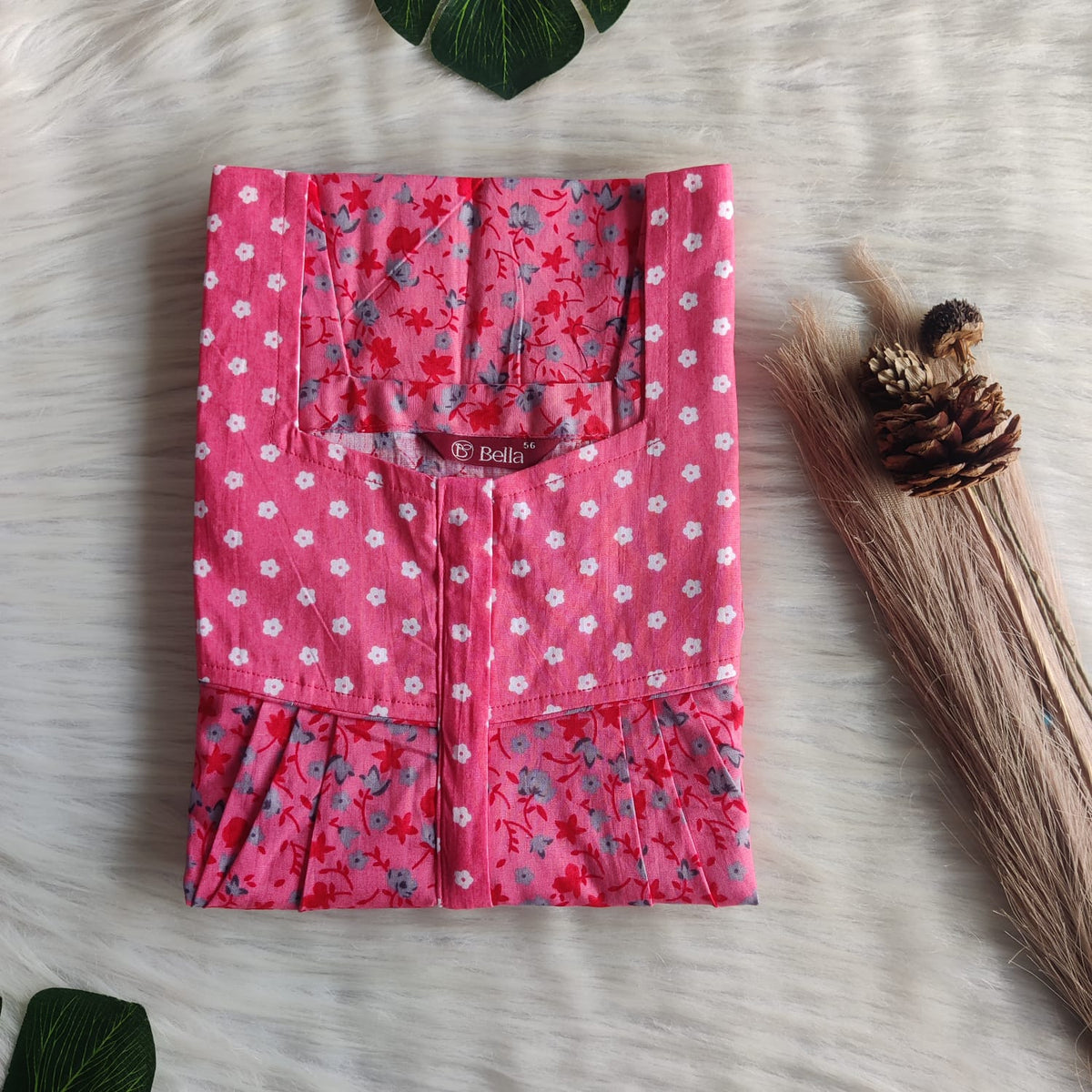 Peach And Grey Printed Premium Cotton Square Neck Pleated Nighty | Free Size | Chest Width 44″| Length 55″-56″