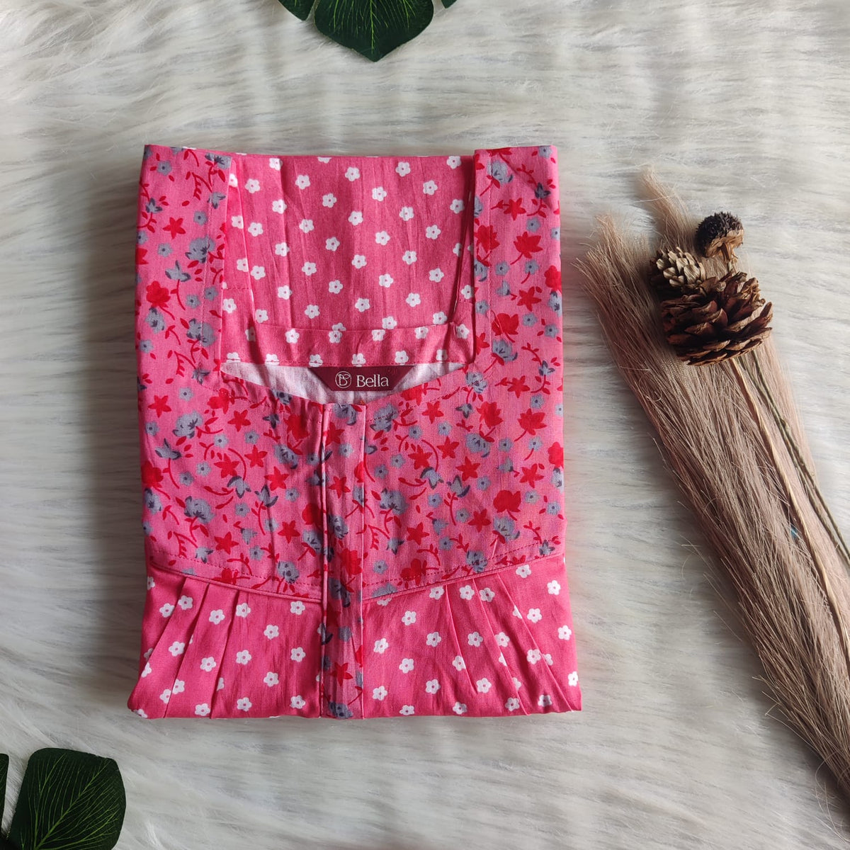 Grey And Peach Printed Premium Cotton Square Neck Pleated Nighty | Free Size | Chest Width 44″| Length 55″-56″