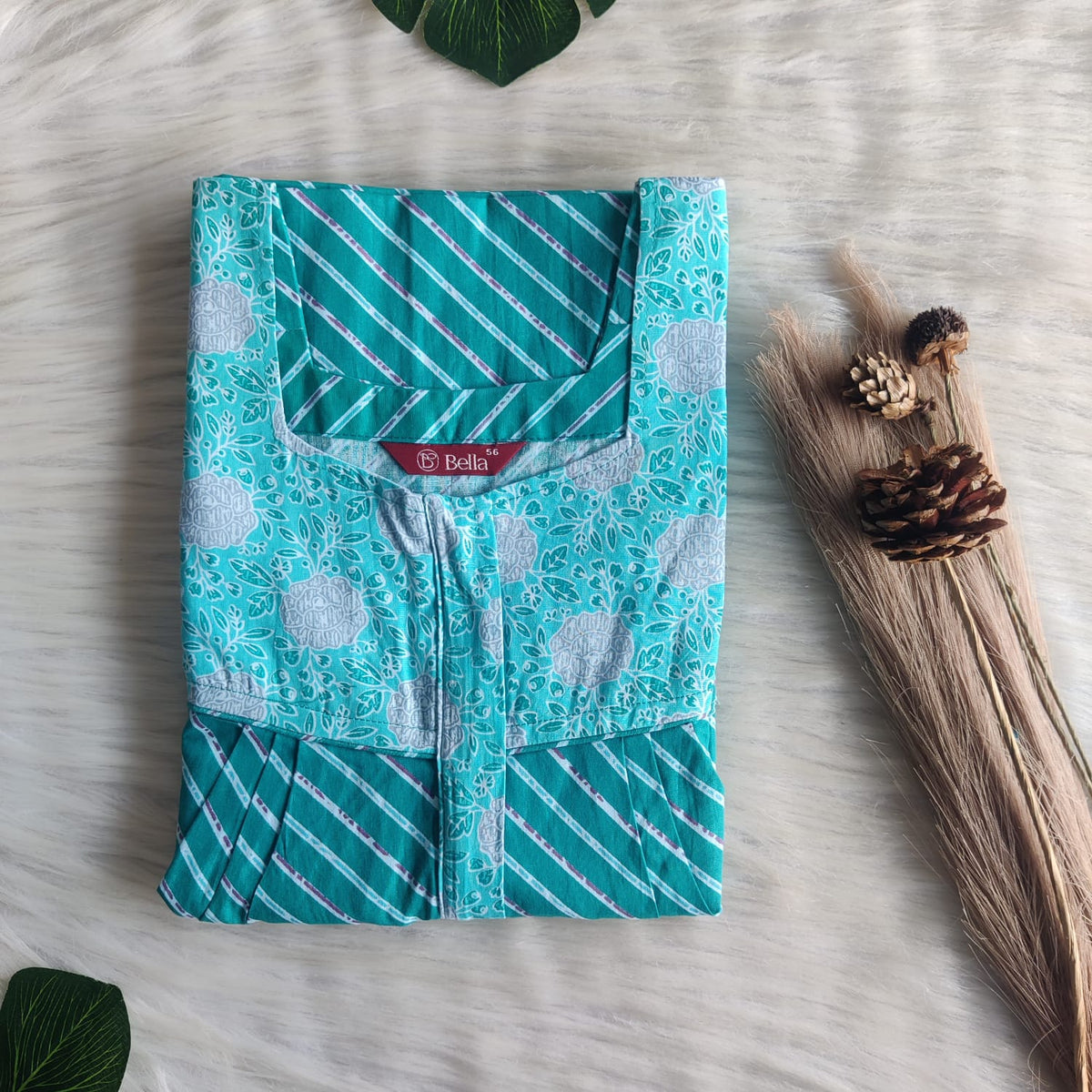 White And Aqua Green Printed Premium Cotton Square Neck Pleated Nighty | Free Size | Chest Width 44″| Length 55″-56″