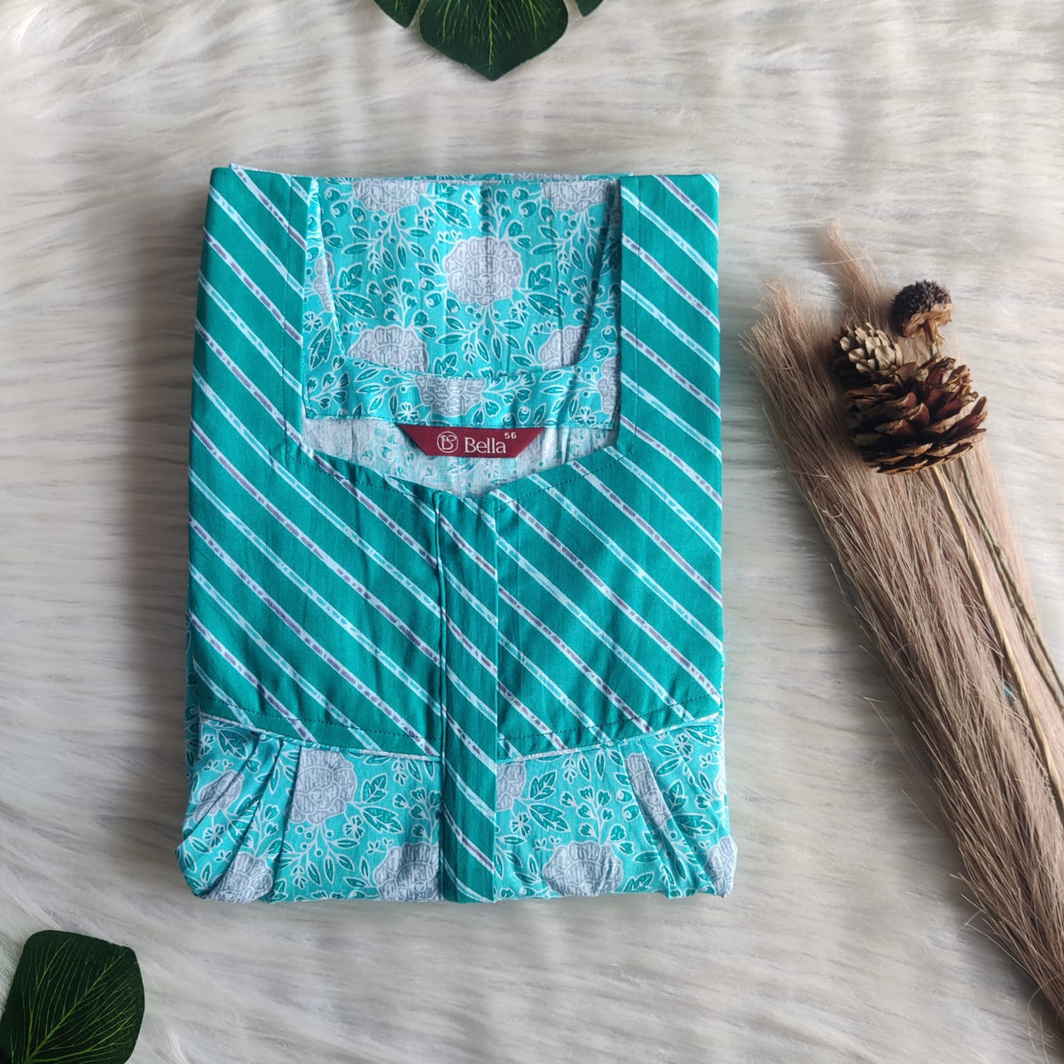 Aqua Green And White Floral Printed Premium Cotton Square Neck Pleated Nighty | Free Size | Chest Width 44″| Length 55″-56″