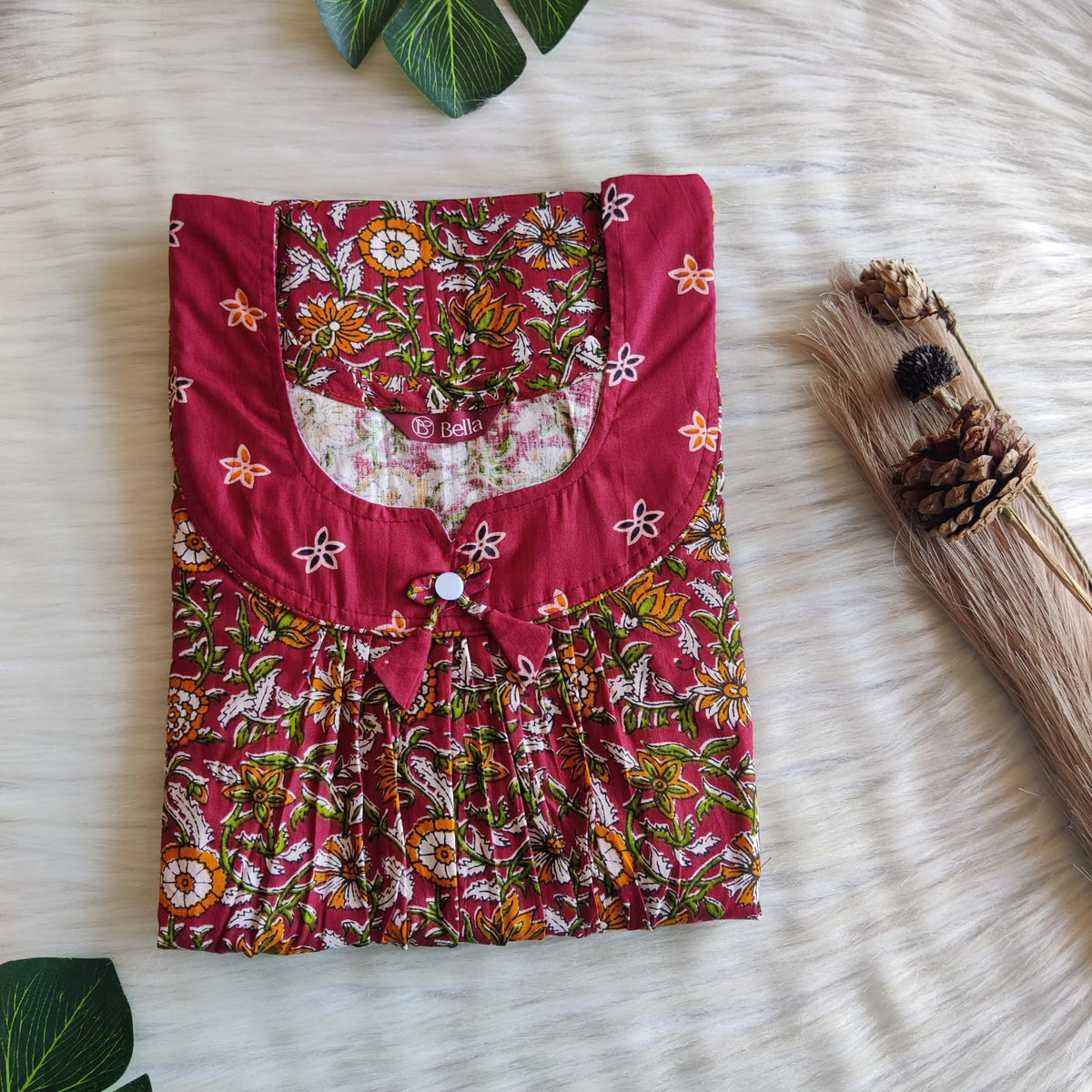 Maroon And Green Floral Printed 3/4 Sleeve Premium Cotton No Zip Pleated Nighty | Free Size | Chest Width 44″| Length 55″-56″