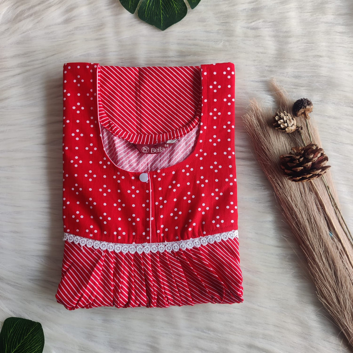 Red And White Stripes Printed Premium Cotton Lace Nighty | Free Size | Chest Width 44″| Length 54″-56″