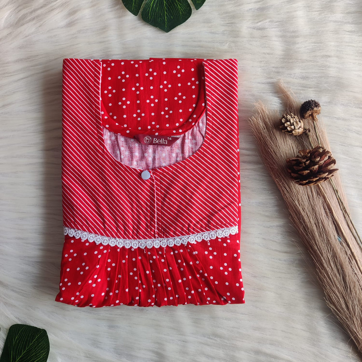 White And Red Dot Printed Premium Cotton Lace Nighty | Free Size | Chest Width 44″| Length 54″-56″