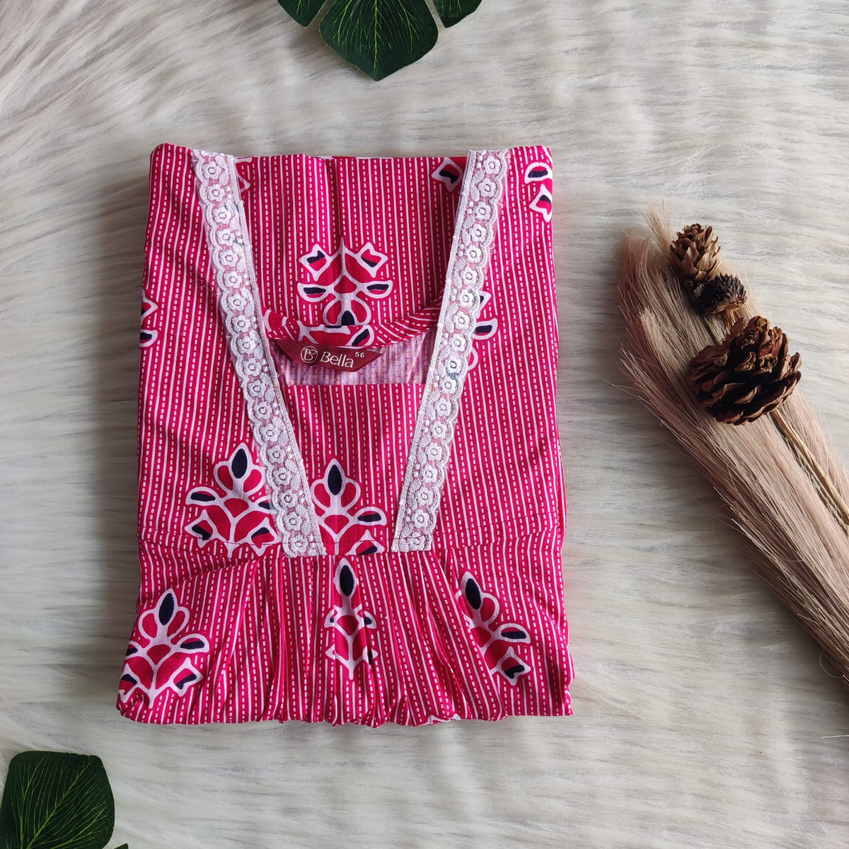 Reddish Pink Printed Premium Cotton V-Neck Lace Pleated Nighty | No Zip | Free Size | Chest Width 44″| Length 56″