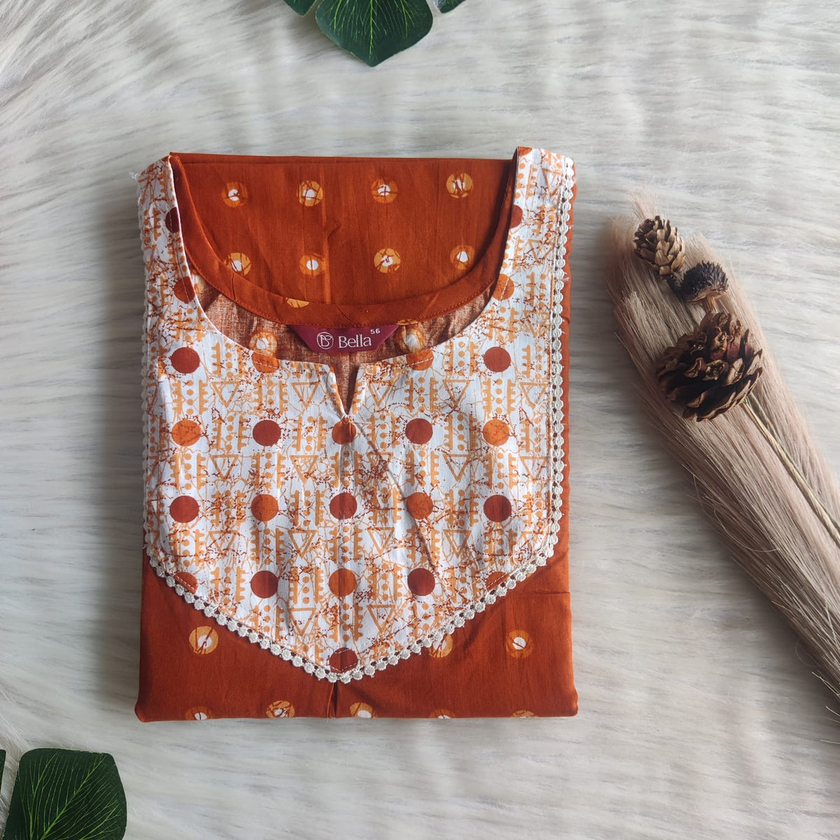 White And Brown Printed Premium Cotton Mix N Match Lace Pocket Nighty | Free Size | Chest Width 44″| Length 56″