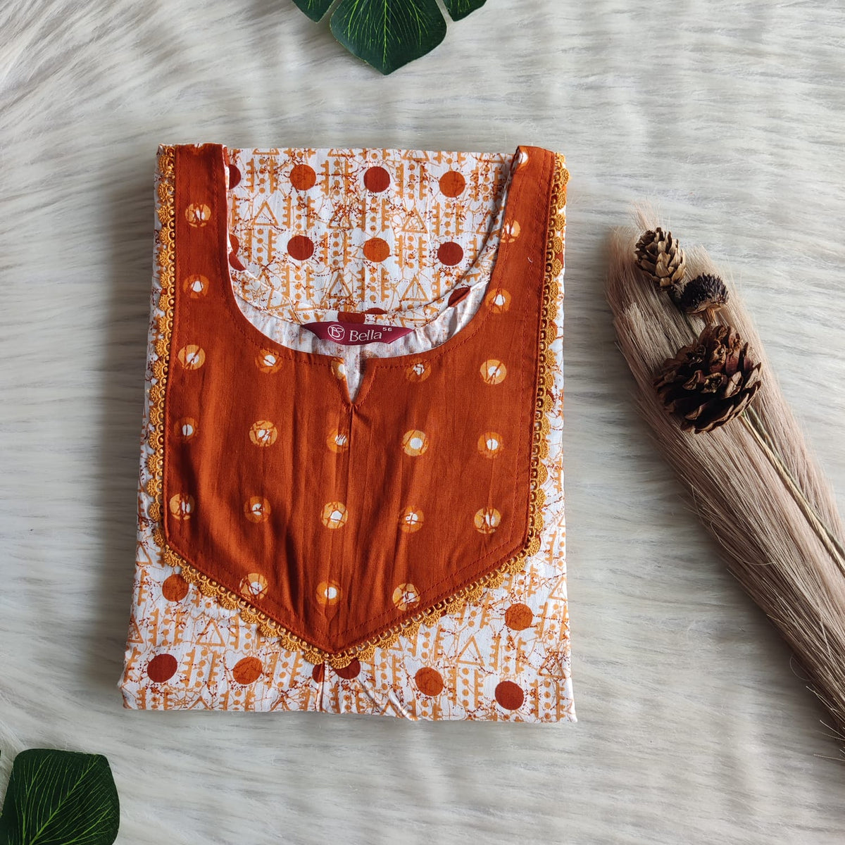 Brown And White Dot Printed Premium Cotton Mix N Match Lace Pocket Nighty | Free Size | Chest Width 44″| Length 56″