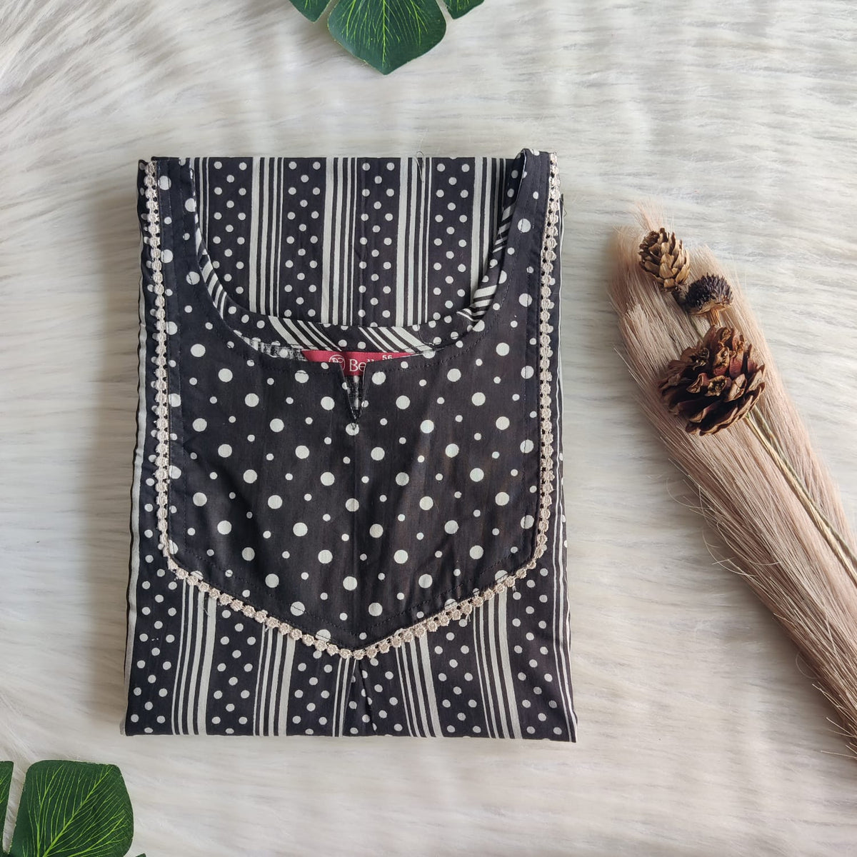 Black And Grey Printed Premium Cotton Mix N Match Lace Pocket Nighty | Free Size | Chest Width 44″| Length 56″
