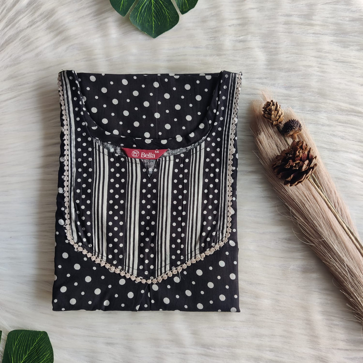 Grey And Black Printed Premium Cotton Mix N Match Lace Pocket Nighty | Free Size | Chest Width 44″| Length 56″