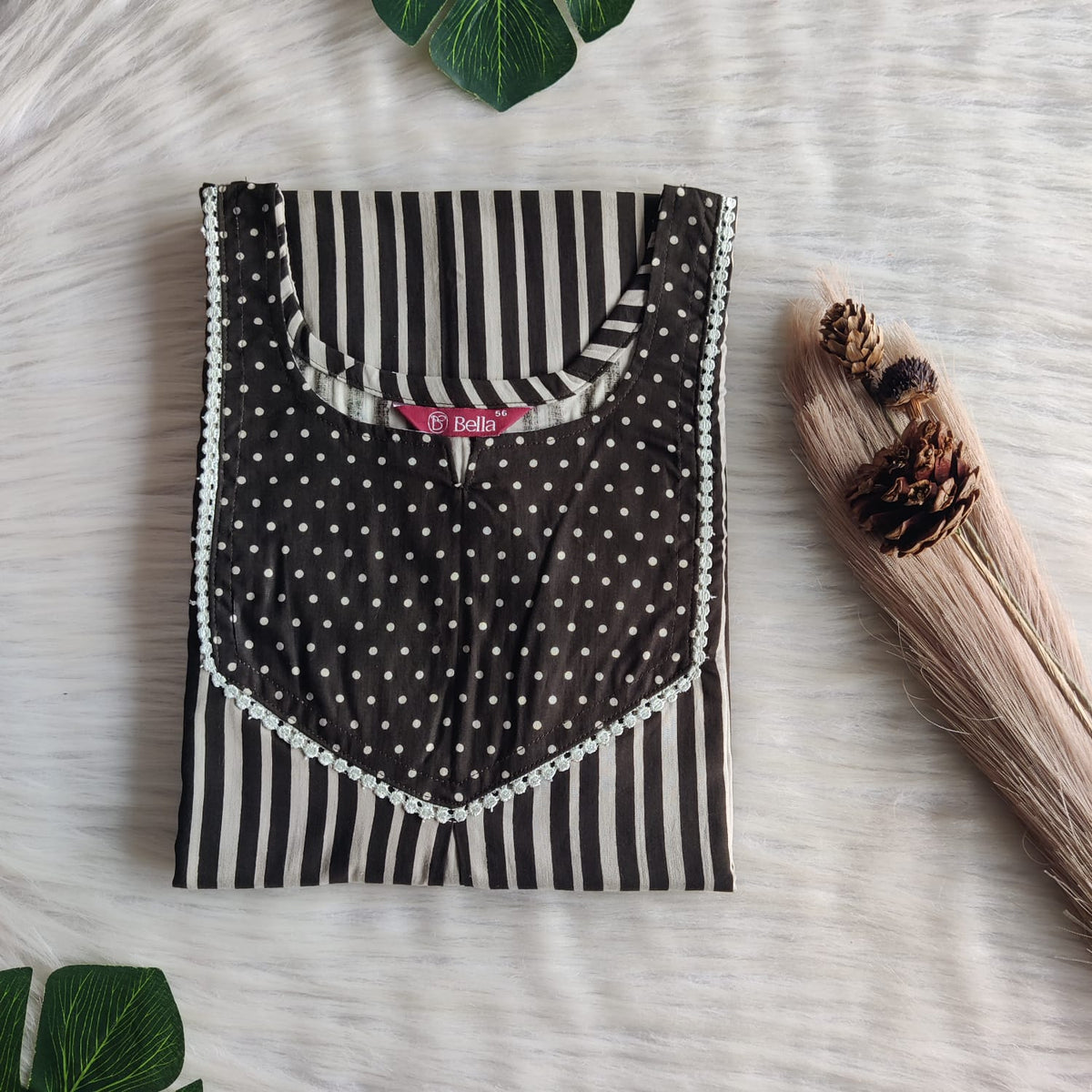 Dark And Pale Green Stripes Printed Premium Cotton Mix N Match Lace Pocket Nighty | Free Size | Chest Width 44″| Length 56″