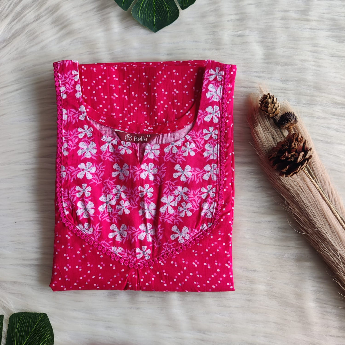 White And Pink Dot Printed Premium Cotton Mix N Match Lace Pocket Nighty | Free Size | Chest Width 44″| Length 56″