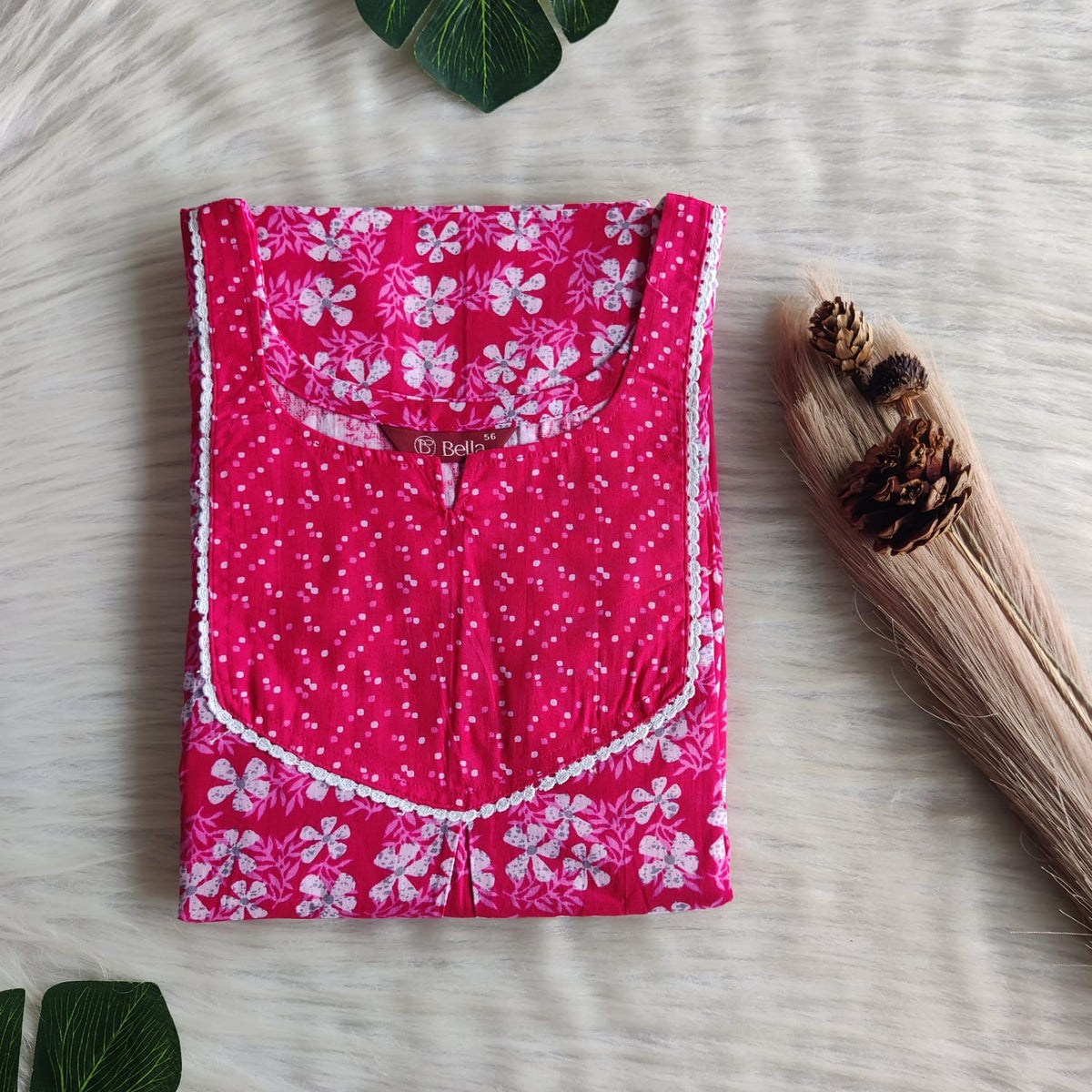 Pink And White Floral Printed Premium Cotton Mix N Match Lace Pocket Nighty | Free Size | Chest Width 44″| Length 56″