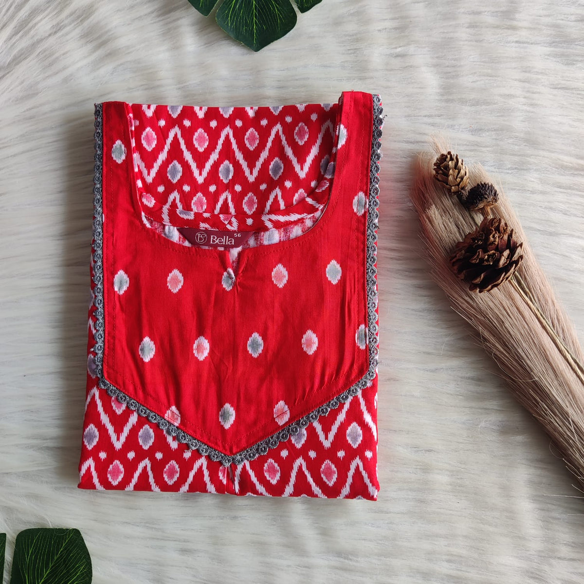 Red And Grey Ikat Printed Premium Cotton Mix N Match Lace Pocket Nighty | Free Size | Chest Width 44″| Length 56″